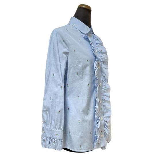 GUCCI】グッチ ブラウス 花モチーフ ブルー フリル 綿 36 COTTON 100