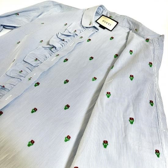 GUCCI】グッチ ブラウス 花モチーフ ブルー フリル 綿 36 COTTON 100