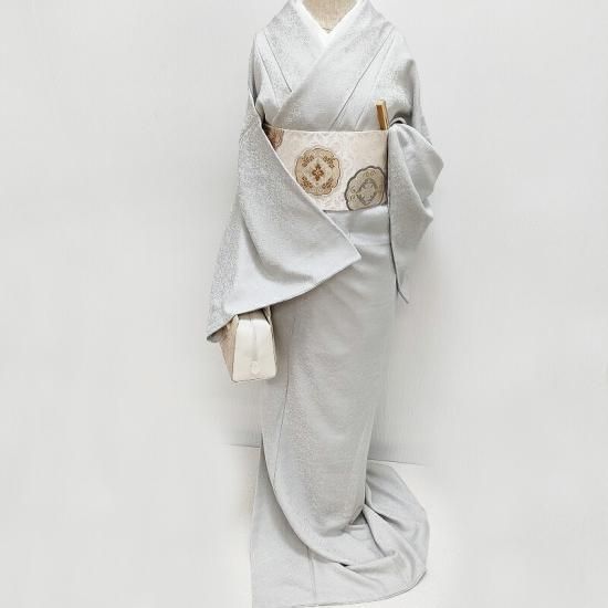 色無地 新品 お仕立済み お茶席着物 【桐竹鳳凰紋・絹鼠色】 白生地