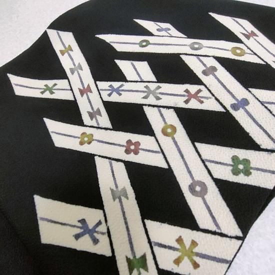 名古屋帯 型絵染め 縮緬地 網代紋 カジュアル 九寸名古屋帯 御仕立上り