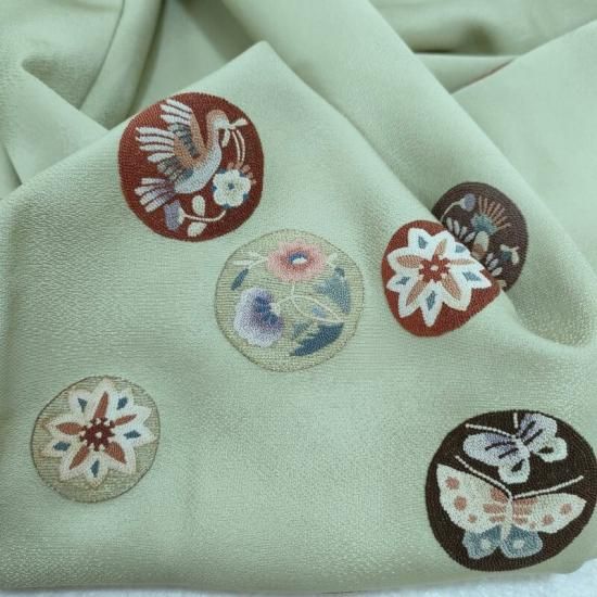 付け下げ 相良刺繍 紋付 花鳥花ノ丸紋 フォーマル 式事 茶道着物 御
