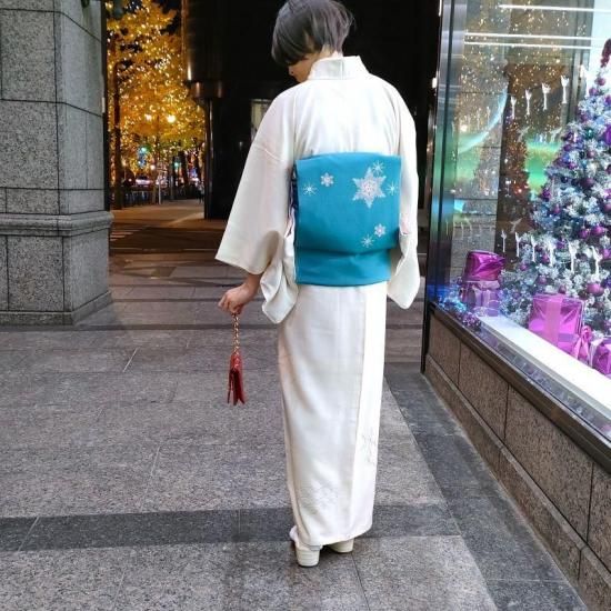 名古屋帯 染の北川 縮緬地 雪の結晶 開き仕立て 九寸名古屋帯