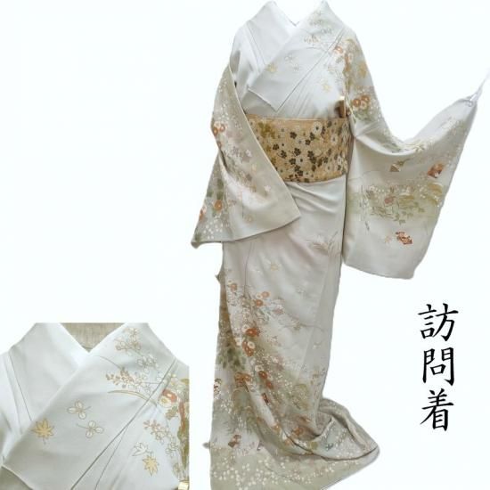 訪問着 本加工 友禅草花ノ図 灰白色 金駒刺繍 式事 フォーマル 茶道