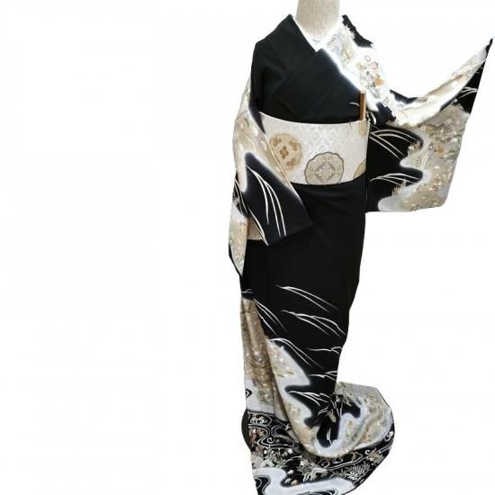 訪問着 友禅茶屋辻模様 黒色 金駒刺繍 カジュアル お茶会着物 御仕立