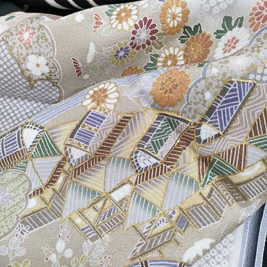 訪問着 友禅茶屋辻模様 黒色 金駒刺繍 カジュアル お茶会着物 御仕立