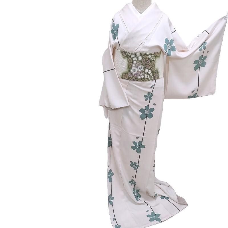 小紋 新品 桜花と一本縞 カジュアル小紋 着物 御仕立上り(3475