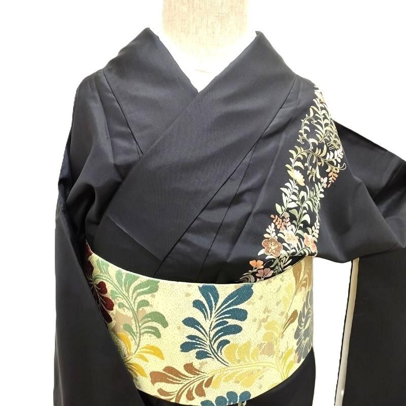 訪問着 紬地 黒色 蘇州刺繍 ハイカジュアル着物 御仕立上り(3475