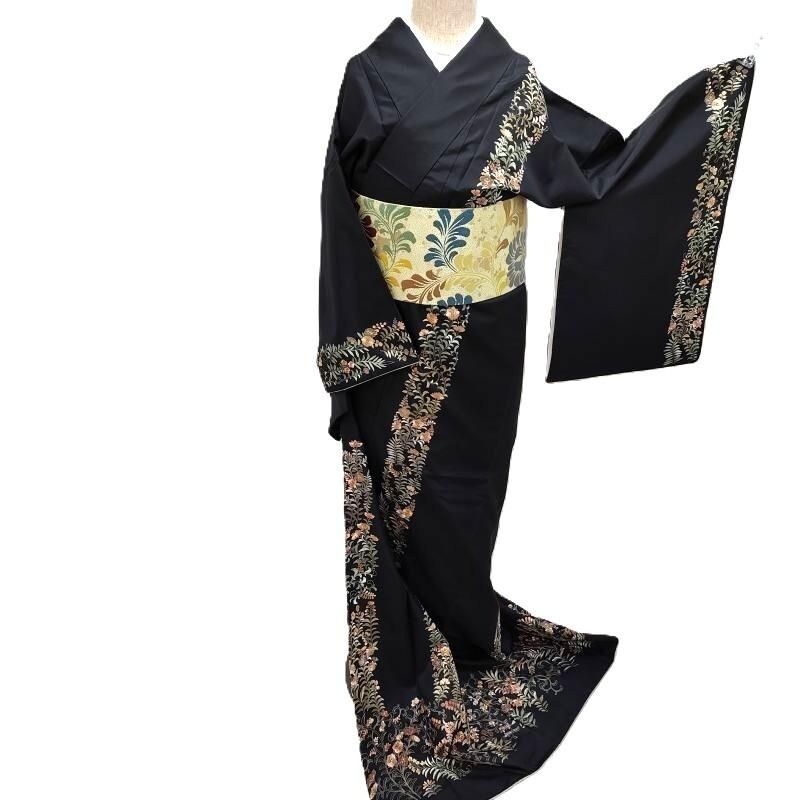 訪問着 紬地 黒色 蘇州刺繍 ハイカジュアル着物 御仕立上り(3475