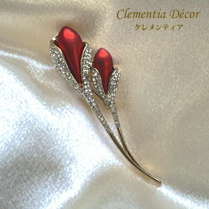 Clementia レッド フラワー ブローチ