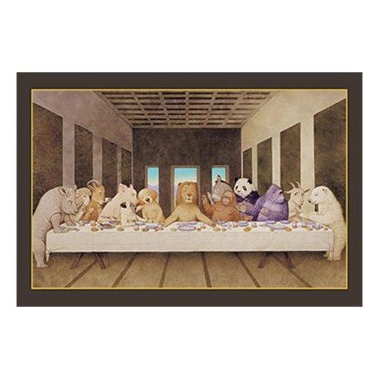 ポストカード「動物たちの最後の晩餐」サイ・ヒツジ・ヤギ・ブタ・イヌ