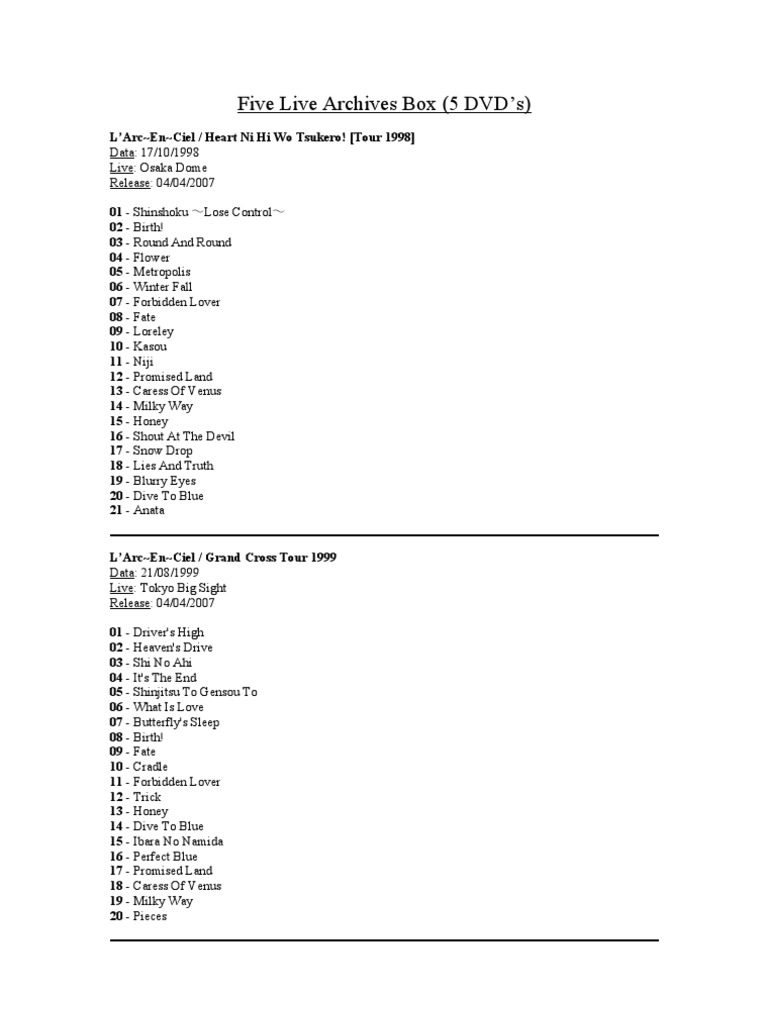 L'Arc en Ciel Five Live Archives BOX | PDF | Travel