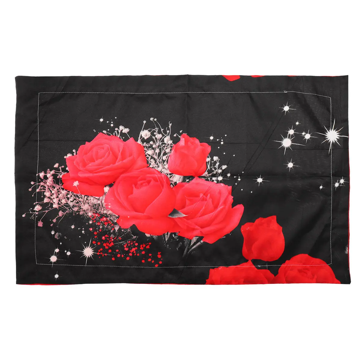 2枚の枕カバー付き赤いバラのベッドシートカバーの3D印刷された寝具