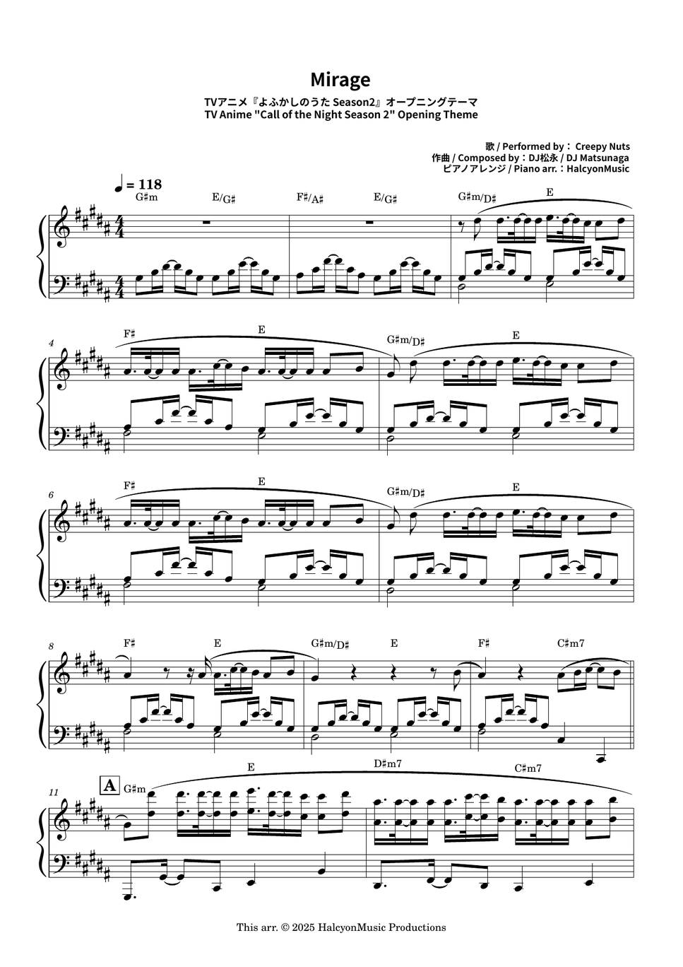 Creepy Nuts - Mirage (Call of the Night Season 2 OP) ピアノ楽譜PDF