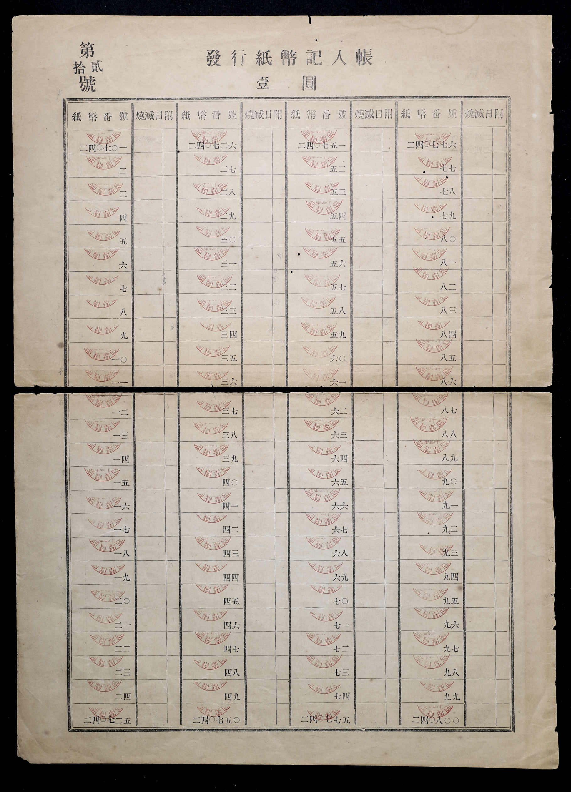 貨幣博物館 | 日本 新国立銀行券1円(水兵1円)発行紙幣記入帳、第貳拾號