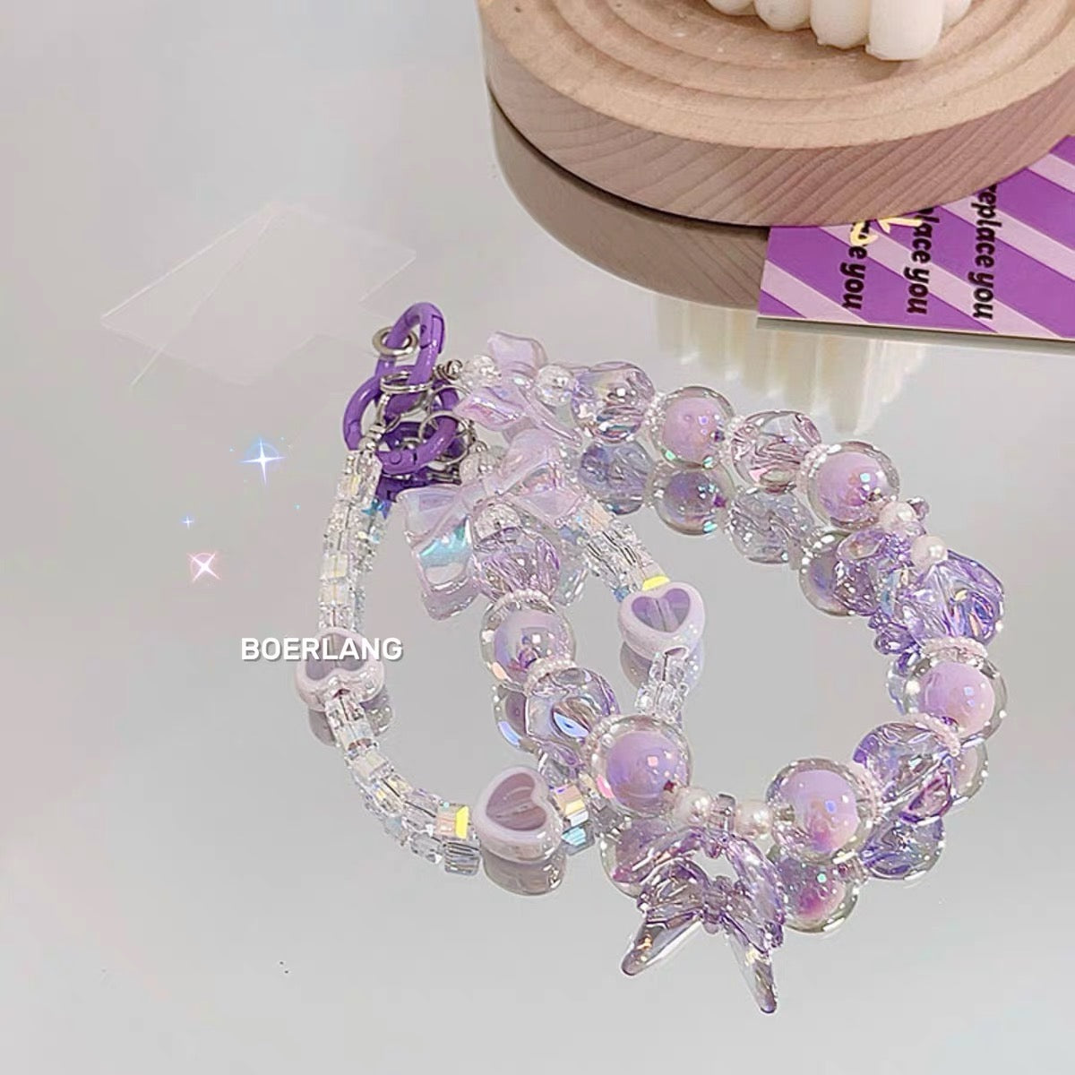 携帯ストラップ パープル リボン ハート おしゃれ スマホストラップ