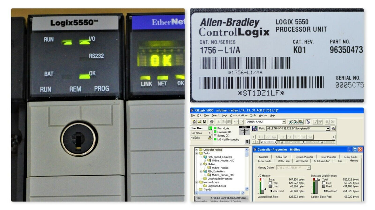 Allen Bradley 1756-L1/A ControlLogix 5550 Processor CPU PLC Tested