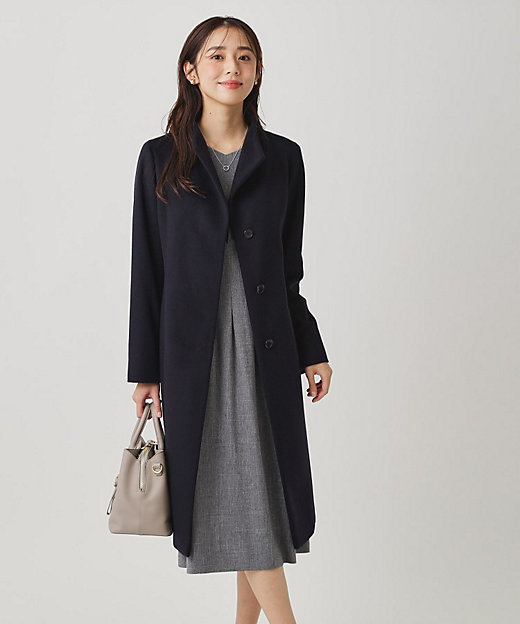 カシミヤ混／日本製】Iラインスタンドウィングカラーコート