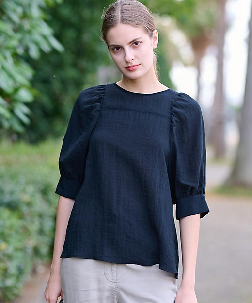 洗える／清涼感】ボリュームスリーブバックジップブラウス