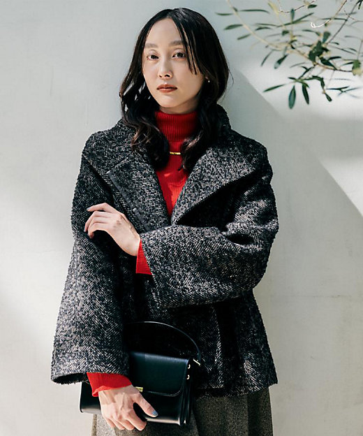 エレガント／ミディアウター】ミックスヘリンボンコート