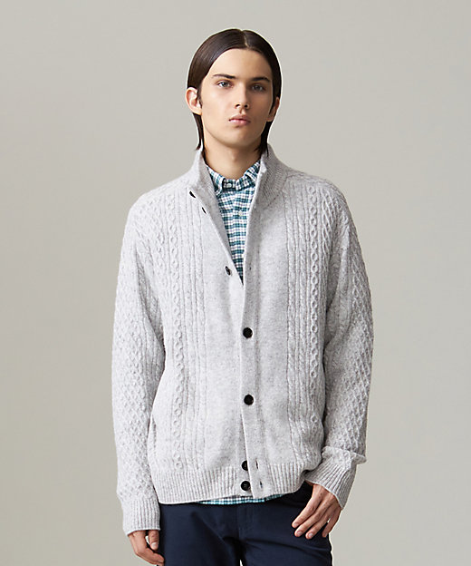 Cash Lamb's Wool】ハイネックケーブルカーディガン