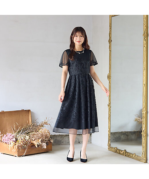 美シルエット】ドットチュール刺繍ワンピース（51015504