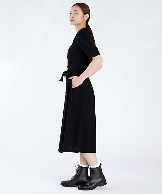 ブラック トリアセテート クレープ オープンカラー 半袖 ワンピース