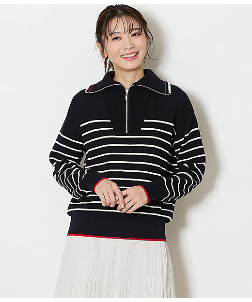 手洗い可能】コットン片畔ボーダー ハーフジップニットプルオーバー