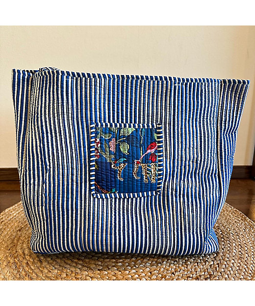 ☆パッチワークトートバッグ（ブルー） | block print bag cafu/ﾌﾞﾛｯｸ