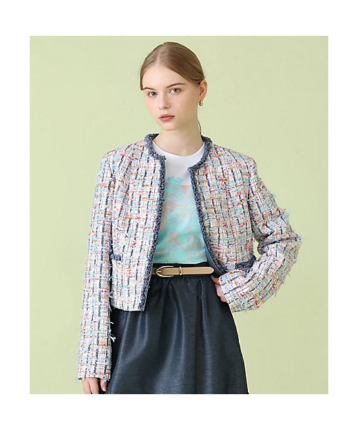 セットアップ対応商品】カラーミックスツイードノーカラー ジャケット