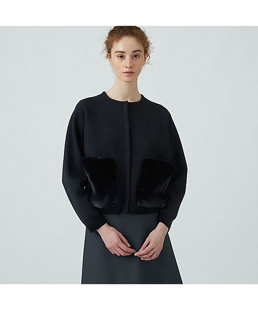 ウールポリエステルミラノリブ ファーポケットカーディガン | maison