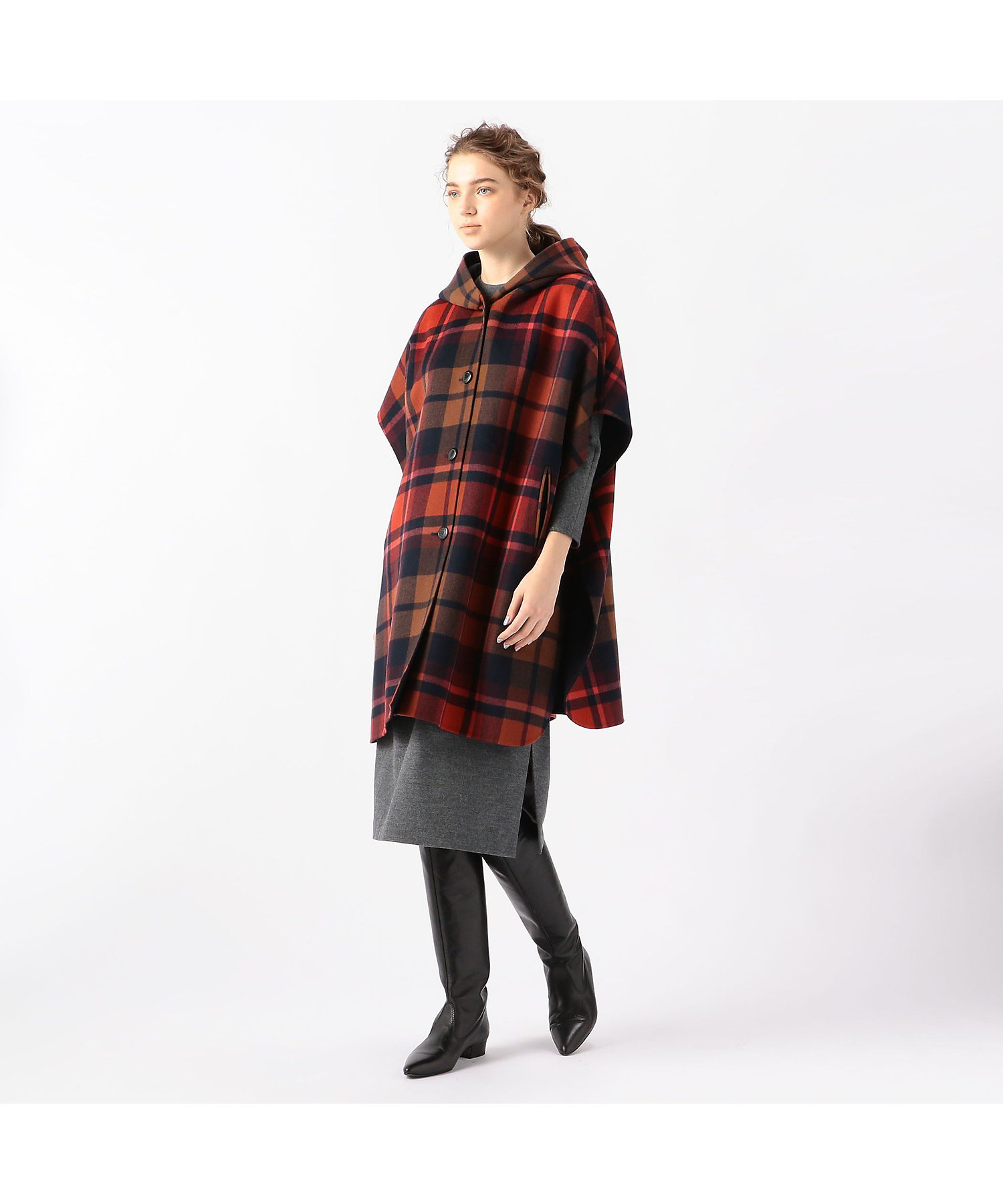 ウールカシミヤリバータータンチェック フーデッドポンチョ | maison