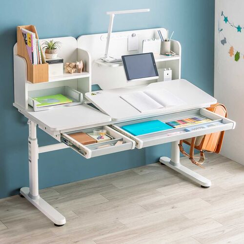 学習机 多機能 手動昇降 チルト天板 シェルフ付き ホワイト 100