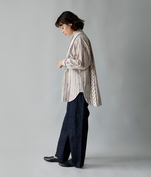 Pheeta(フィータ)コットン ドット×ストライプ 切替 ロングシャツ