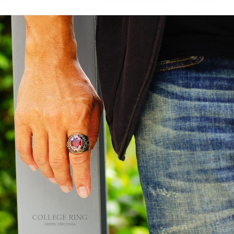 カレッジリング メンズ ブラスアクセサリー 真鍮 レッドジルコニア