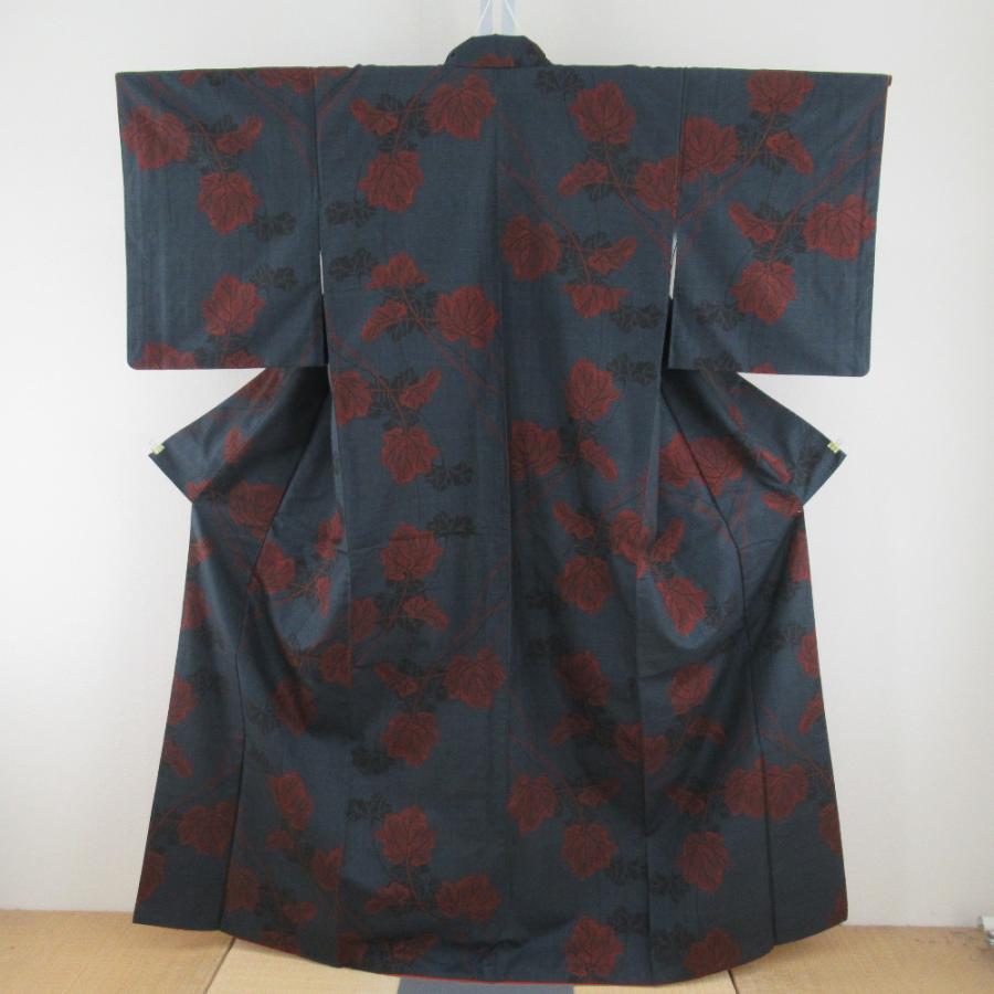 紬 着物 大島紬 葉模様 紺色x赤色 袷 広衿 正絹 仕立て上がり着物