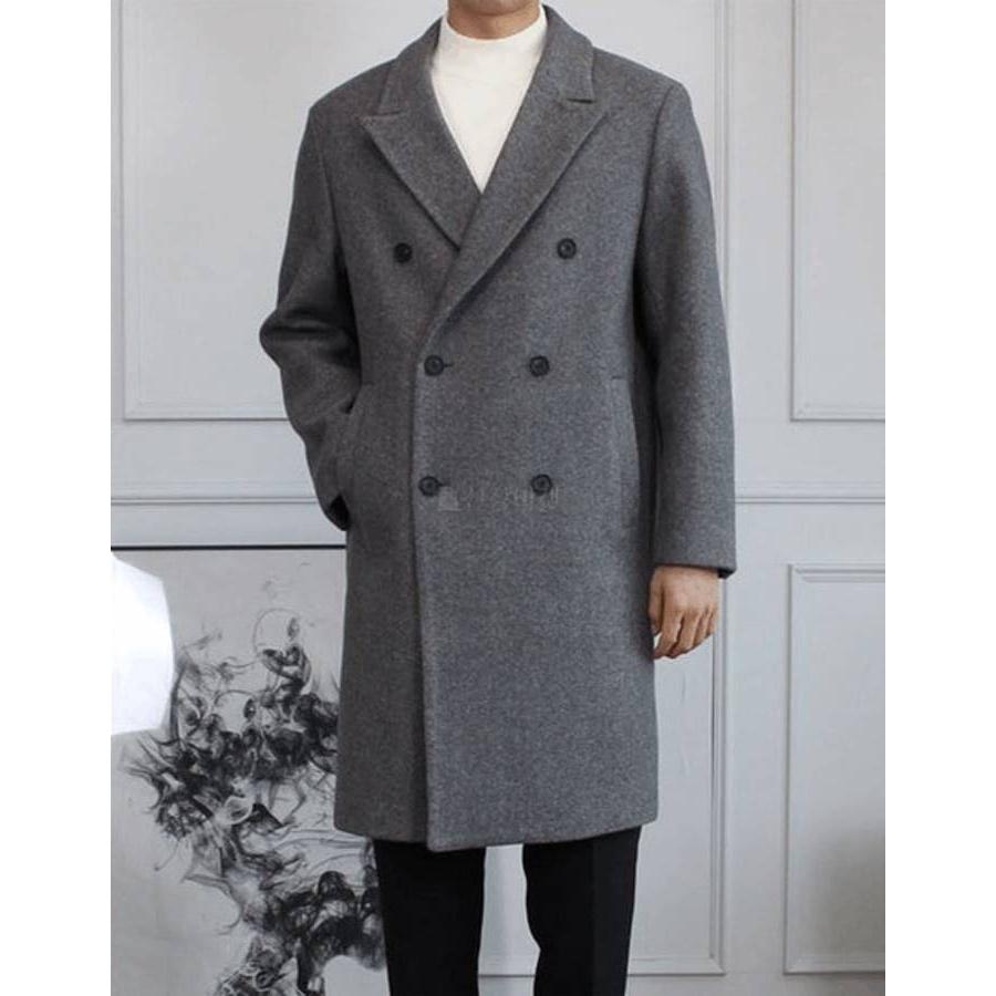 韓国ファッション ダブルコート メンズ ロング コート 無地 ウール混紡