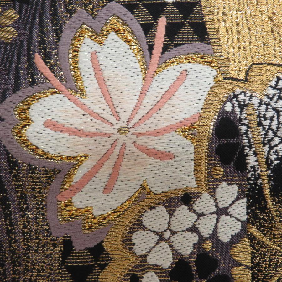 袋帯 振袖用 正絹 桜紋様 黒x紫金 金糸銀糸 ラメ糸 六通柄 フォーマル