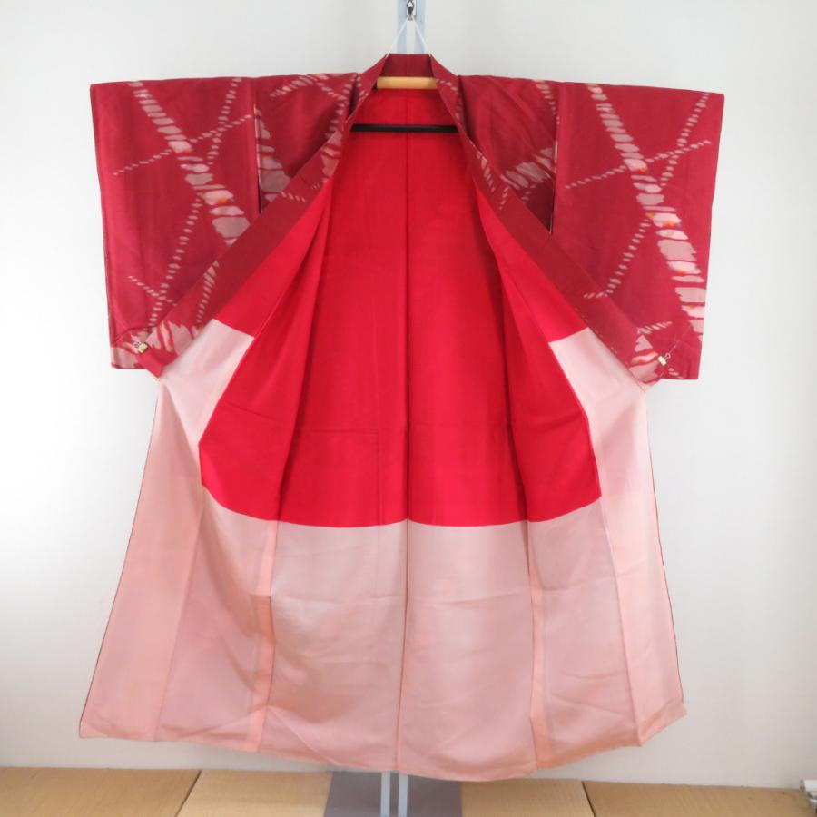 小紋 アンティーク銘仙 銘仙着物 裏地紅絹 袷 朱色x黄色 幾何学柄