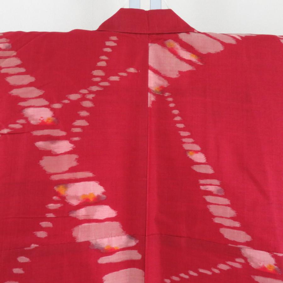 小紋 アンティーク銘仙 銘仙着物 裏地紅絹 袷 朱色x黄色 幾何学柄