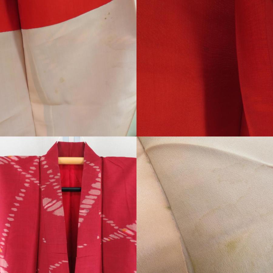 小紋 アンティーク銘仙 銘仙着物 裏地紅絹 袷 朱色x黄色 幾何学柄