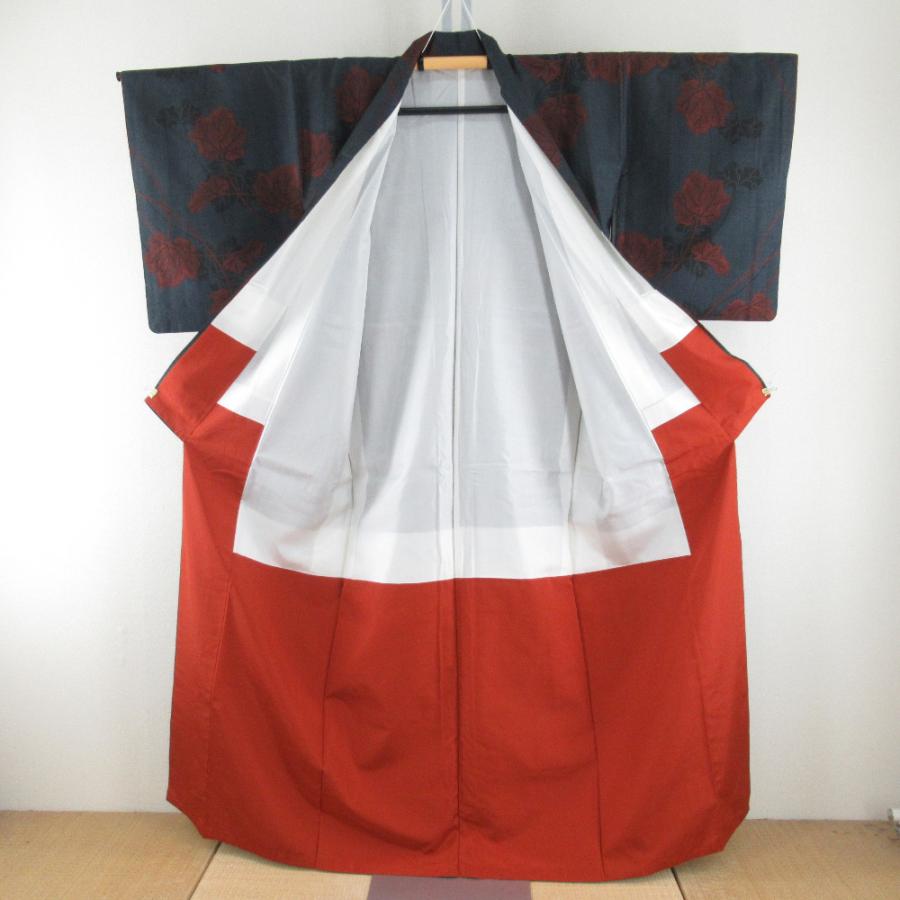 紬 着物 大島紬 葉模様 紺色x赤色 袷 広衿 正絹 仕立て上がり着物