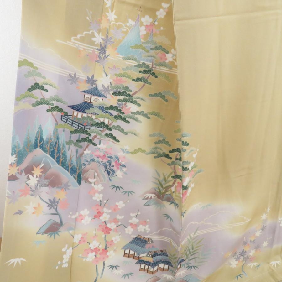 本加賀友禅 訪問着 奥田勝将 建物に草花文様 黄土色 作家物 落款入