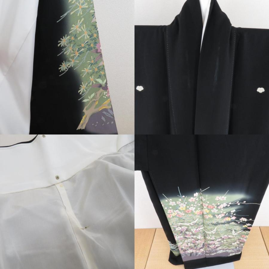 本加賀友禅 黒留袖 小田美知代 鶴に四季花文様 正絹 袷 広衿 比翼付
