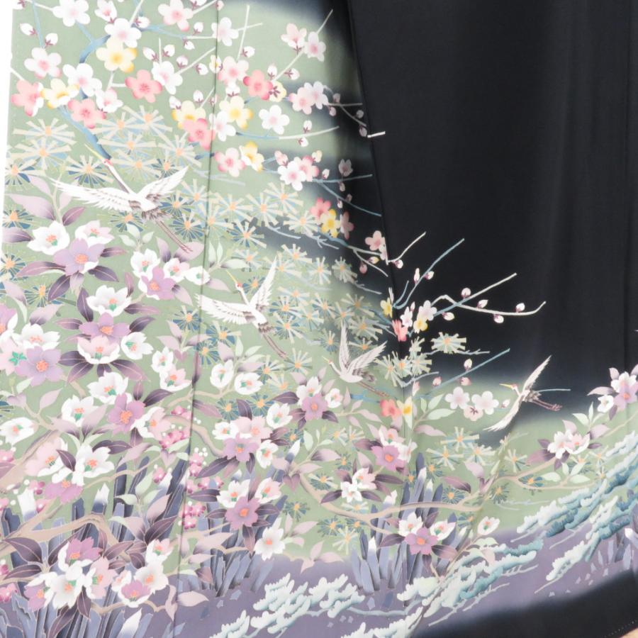 本加賀友禅 黒留袖 小田美知代 鶴に四季花文様 正絹 袷 広衿 比翼付