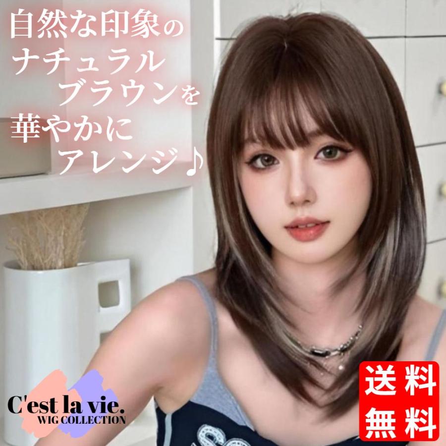 ウィッグ セミロング シャギー ウルフ ナチュラル ブラウン ハイライト