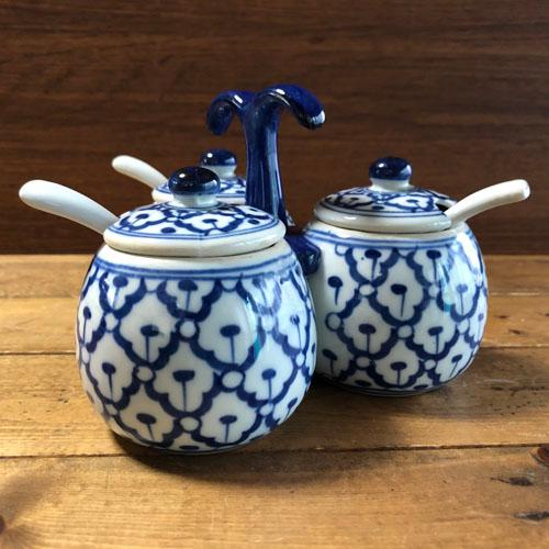 調味料入れ 一体型 青白陶器】 青白食器 パイナップル柄陶器 タイ料理