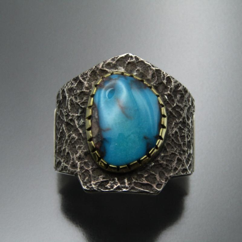 美品 Aaron Anderson ナバホ族 リング ビズビー ターコイズ K18ベゼル