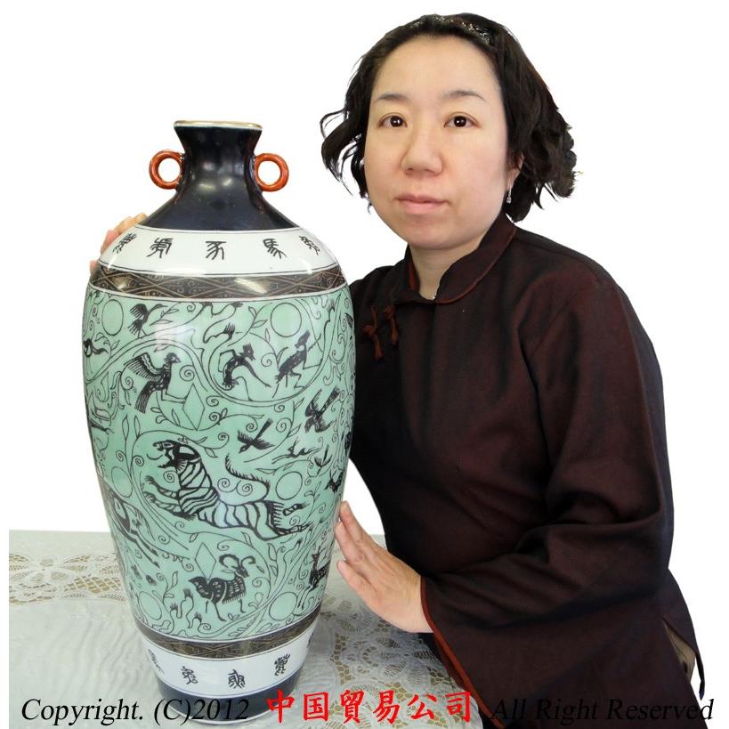 清末〜民国期 中国 景徳鎮 色絵鯉文 双耳 壺 花瓶 古美術 五彩 陶芸