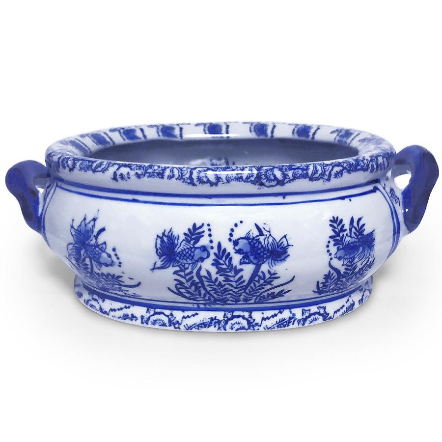 双耳 水鉢 金魚鉢 水盤 手付き 陶器 染付 金魚柄(説明書付き)メダカ鉢