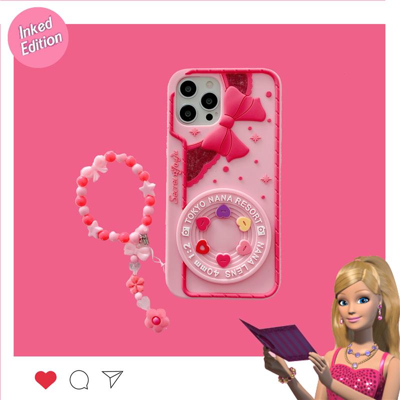 カメラ型ピンク手提げストラップ付き立体浮き彫りiPhoneケース全機種